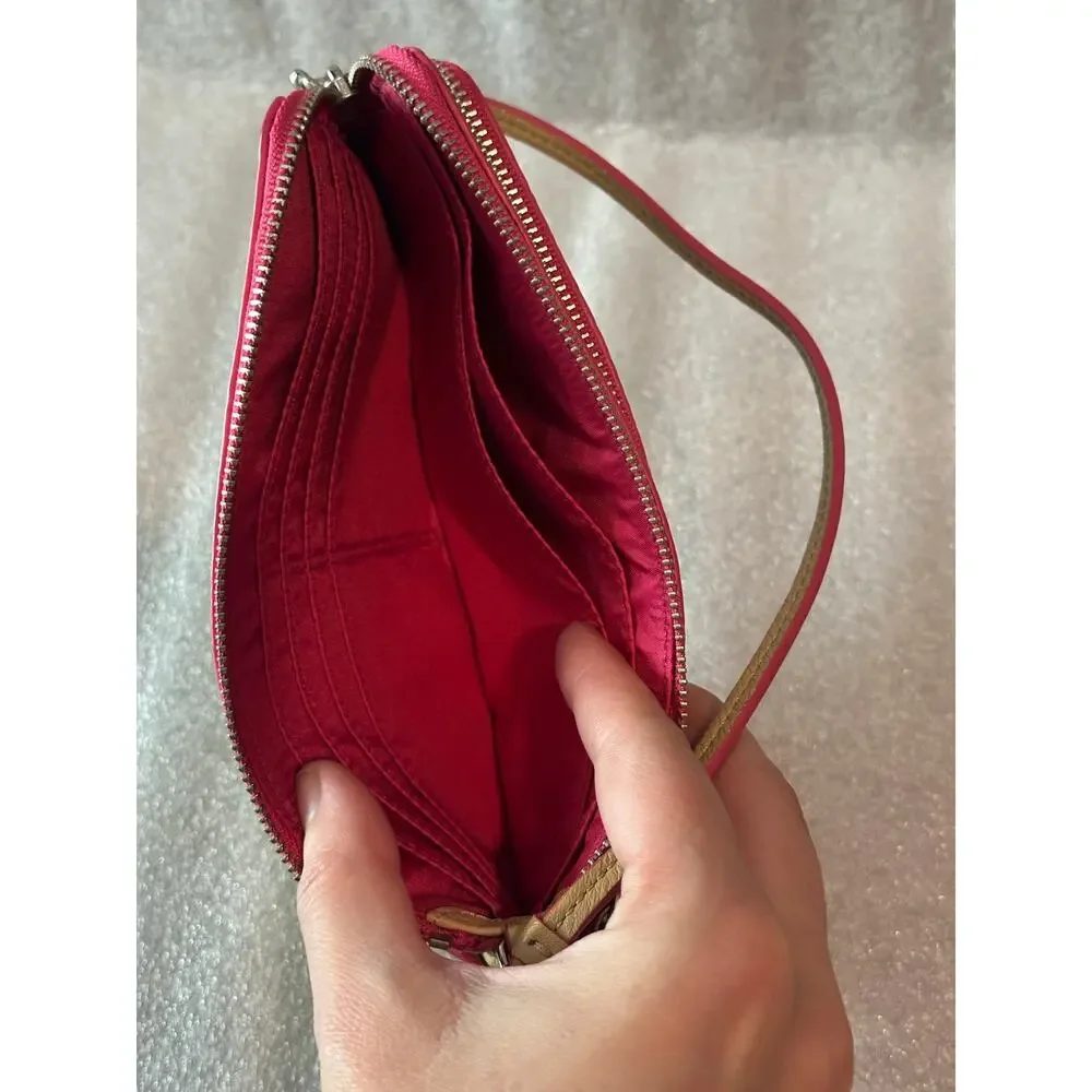 EUC Coach Bleecker Edgepaint Double Zip Leather Wallet Wristlet Camel Pink Ruby